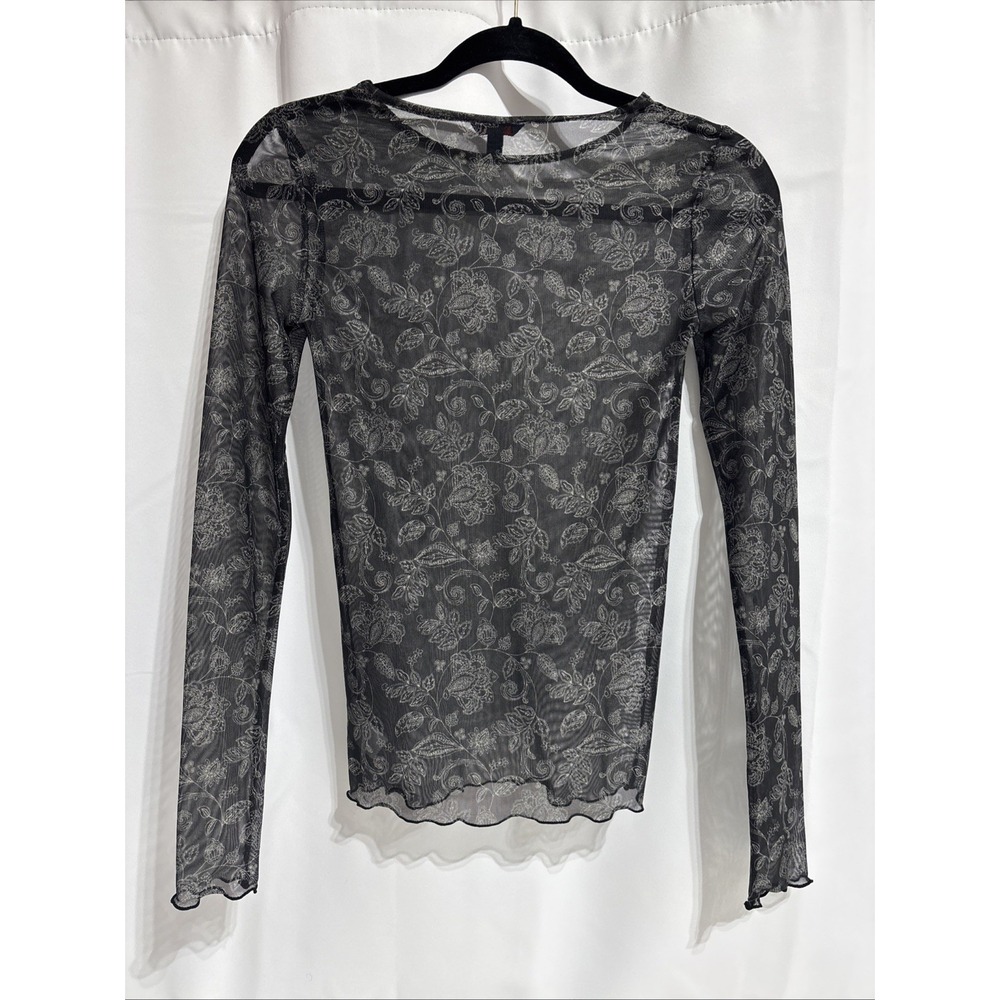 VTG Aeropostale Black Sheer Mesh Lace Long Sleeve Floral Top Small Whimsigoth - Picture 3 of 8